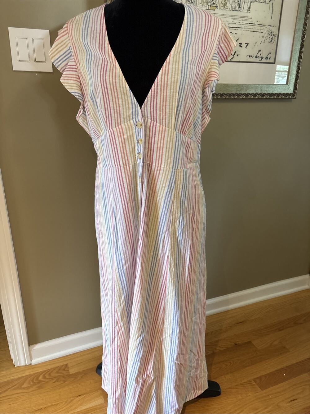 Marine Layer linen muti color Stripe Sleeveless Maxi Dress smocking waist sz L